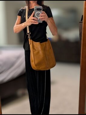 Social Threads Vegan Leather Crossbody Bag in Camel Brown With Two Straps